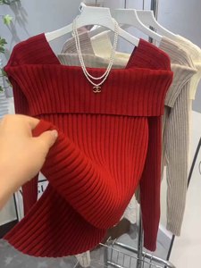 红色漏锁骨性感纯欲风毛衣女秋冬内搭不规则设计感长袖打底针织衫