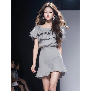 小个子灰色荷叶边拼接短袖衬衫女韩系chic鱼尾裙摆半身裙两件套装