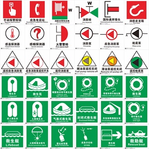 国际通岸接头船舶IMO标识消防栓水带水枪皮龙箱遥控应急消防泵开关沙箱贴救生衣带灯绳救生圈筏救助艇EPIRB标