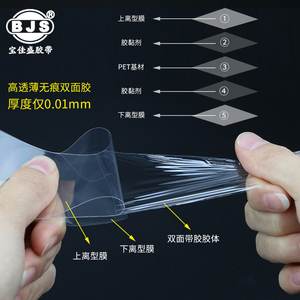 超薄双面胶带 高透明双面离型膜夹心10µm厚PET双面胶电子产品零件薄膜开关手机维修显示屏粘贴双面胶