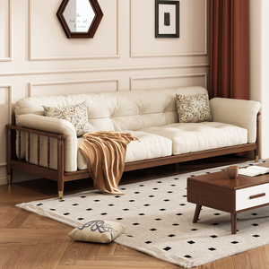 法式复古实木沙发客厅3四人位松弛感直排木质雕花美式布艺木沙发