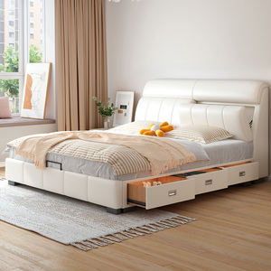 真皮床现代简约主卧室大床高端大气双人床多功能储物软包实木皮床
