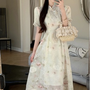 夏季新中式国风改良旗袍裙子大码刺绣花纹清冷气质收腰长款连衣裙