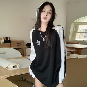 韩版黑色长袖T恤女早秋新中长款遮臀上衣侧边条纹设计感时尚百搭