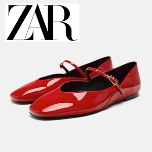 ZAR西班牙 平跟一字带搭扣玛丽珍单鞋圆头红色漆皮芭蕾舞平底鞋