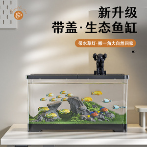 桌面造景生态鱼缸客厅阳台养乌龟六角恐龙虾专用缸带盖家用小鱼缸