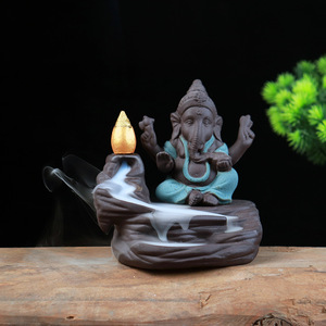 现代紫砂倒流塔香熏器炉陶瓷象头神迦尼萨泰国东南亚印度创意摆件