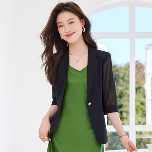 7M2024春季黑色西装外套女七分袖韩版职业纯色简约西装