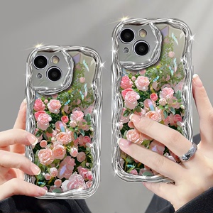 玫瑰花丛适用苹果15Pro手机壳iPhone13/14promax水晶兰花女神平果12奶油镜面xs硅胶xr全包7/8plus防摔保护套