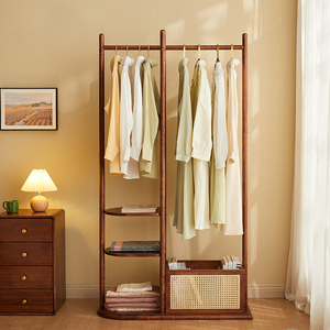实木挂衣架晾晒衣服收纳衣架落地卧室家用白蜡木衣架带柜子一体式