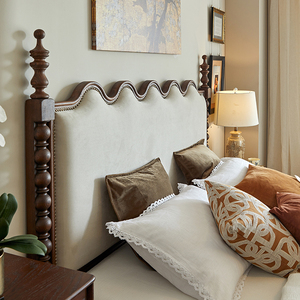 各各沃 法式复古实木床红橡木中古双人床1.8米主卧家具美式软包床