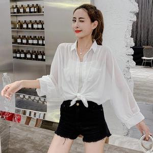 夏季防晒衣女学生白色韩版宽松蝙蝠袖雪纺开衫外套百搭薄款防晒衫