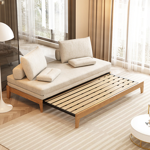 日式原木折叠两用沙发床小户型2米可伸缩实木床1.2m1.8客厅功能床