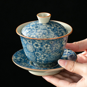 汝窑三才盖碗茶具不烫手青花瓷开片可养泡茶碗家用单个高档泡茶杯