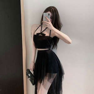 2023春夏韩版新款暗黑系少女装高腰半身裙子前短后长不规则网纱裙