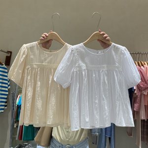 duomi韩国夏季圆领短袖拼接蕾丝宽松显瘦娃娃衫蕾丝衫衬衫上衣女