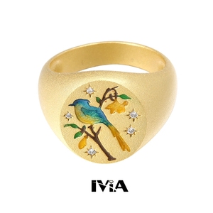 IVIA彩绘喜上枝头金色复古喜鹊印章戒指礼物纪念情侣戒指纯银一对