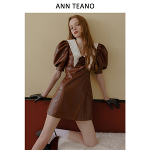 【明星同款】Ann teano 焦糖玛奇朵复古撞色皮革玫瑰花连衣裙