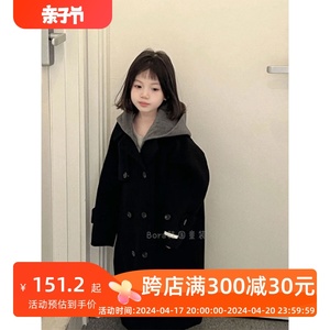 波拉bora韩国男女儿童毛呢大衣秋冬装2023新款中大童黑色时髦外套