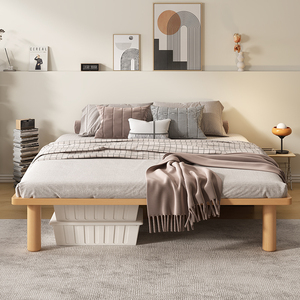 榉木大床1.8米单人床架榻榻米双人无床头主卧现代简约实木床定制