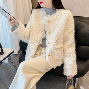 冬季毛绒绒小香风外套女韩版蕾丝边羊羔毛圆领长袖上衣高级感开衫