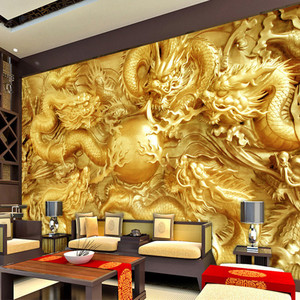 金色龙纹木雕壁纸酒店客厅电视背景墙纸3D立体大气佛堂壁画墙贴纸