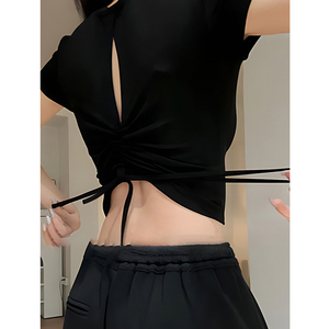 黑色后背镂空抽绳短袖t恤女装夏季设计感小众紧身露脐打底衫上衣