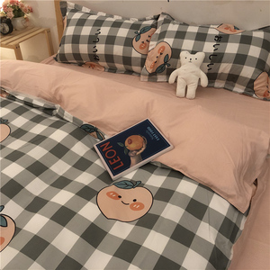 卡通风格子少女心灰色四件套单人学生宿舍床单被套三件套床上用品