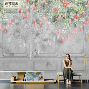 北欧2021年新款手绘花卉壁纸石膏线条沙发卧室电视背景墙客厅墙纸