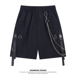 ANAMONE 黑色机能风短裤女夏季时尚休闲宽松直筒链条工装五分裤子
