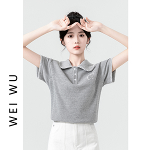 灰色翻领短袖T恤女夏季2024新款韩版宽松刺绣Polo衫体恤正肩上衣