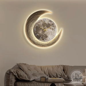 现代轻奢客厅装饰画餐厅月球挂钟创意时钟壁灯画LED发光静音钟表