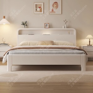 Vplan奶油风白色实木床简约现代双人1.8米1.5m1.35小户型高箱储物