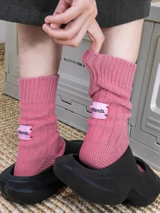 秋冬配雪地靴日系粉色标签纯色粗线针织中筒袜子堆堆袜布标袜子