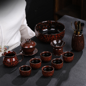 中式复古风功夫茶具套装家用整套德化窑变陶瓷三才盖碗茶杯公道杯