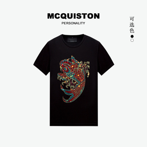 MCQuiston麦昆斯顿短袖t恤男潮牌男士修身高端烫钻鱼图案大码衣服
