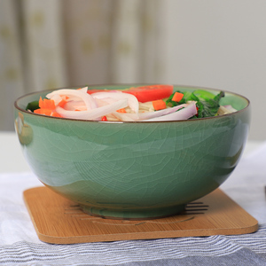 泥迹青瓷面碗陶瓷家用泡面碗中式哥窑冰裂纹汤碗纯色创意沙拉碗