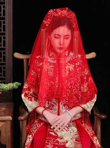 新娘头纱红色蕾丝结婚纱秀禾服红盖头中式复古风刺绣网纱蒙头喜帕