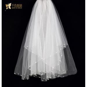 厂家新娘头纱韩式2019新款短款婚纱超长白色珍珠多层结婚幻月