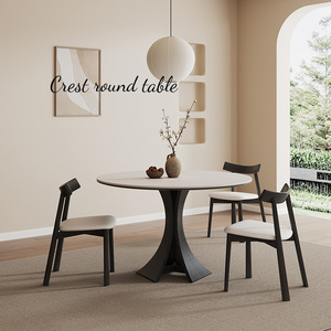 大桐坊法式复古风实木餐桌圆形家用现代简约意式高端纯白岩板桌椅