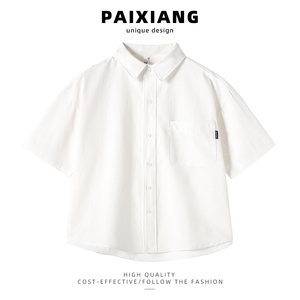 PAIXIANG/白色纯棉POLO领短袖衬衫女夏季2024年新款休闲宽松衬衣