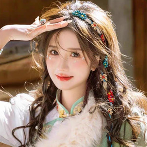 异族少女发型波西米亚彩色串珠发绳发带民族风藏族编织头饰拍照女