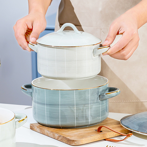 北欧创意双耳汤煲家用陶瓷学生宿舍泡面碗拉面碗大小号汤盆带盖子