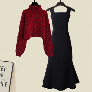 高领麻花红色毛衣红衣黑裙套装小个子150黑色连衣裙高级感秋冬款