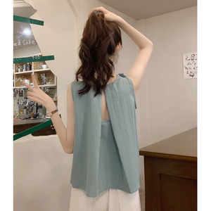 韩系圆领棉麻无袖背心上衣女设计感小众夏季气质洋气减龄娃娃衬衫