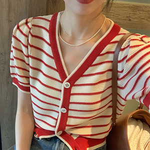 法式复古红白条纹撞色设计感小众夏季短袖针织开衫外套短款女上衣