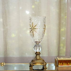 费灵家居欧式奢华金属高脚雕花玻璃艺术花瓶客厅餐厅桌面装饰花器