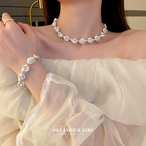 韩国东大门不规则珍珠T形扣项链手链设计感气质锁骨链时尚项饰女
