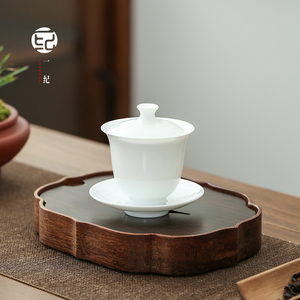 羊脂玉薄胎小盖碗100ml 可悬停三才茶碗白瓷功夫泡茶茶具单个茶杯