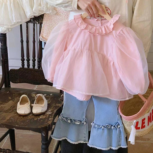 女童娃娃衫上衣春季纱袖泡泡粉色打底衫儿童花边牛仔裤微喇牛仔裤